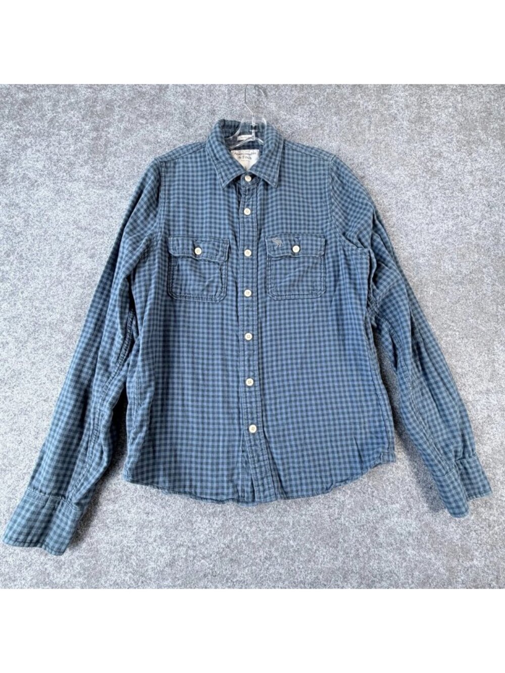 Abercrombie & Fitch Muscle Shirt Mens L Blue Gingham Plaid Flap Pockets